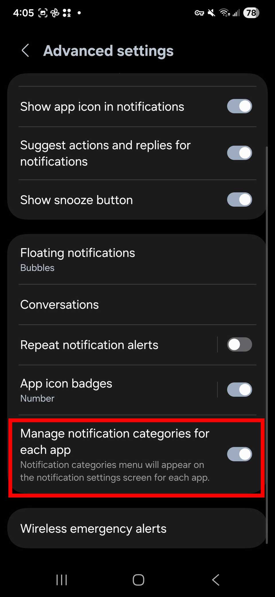 Red rectangle outline highlighting Manage notification categories for each app toggle in Notifications settings on One UI 8