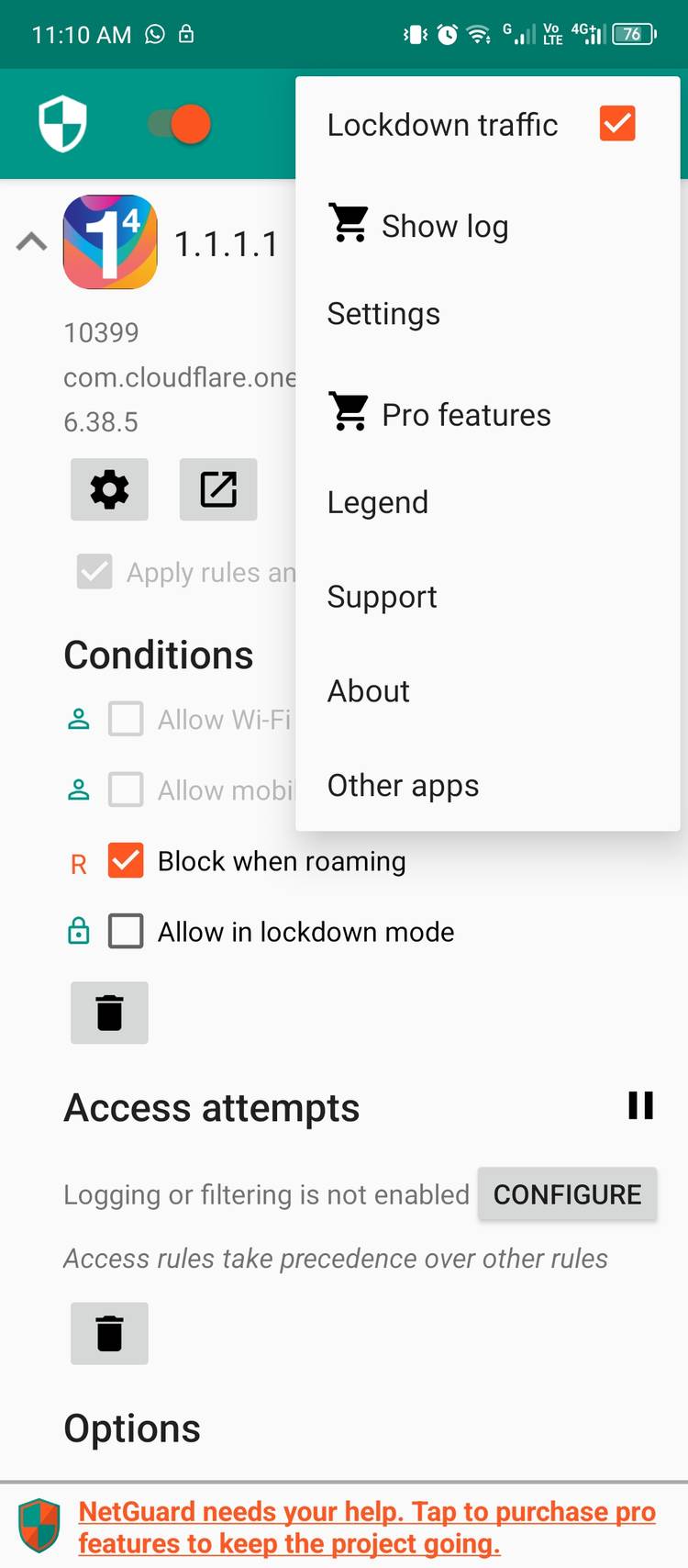 Using Lockdown mode in NetGuard.
