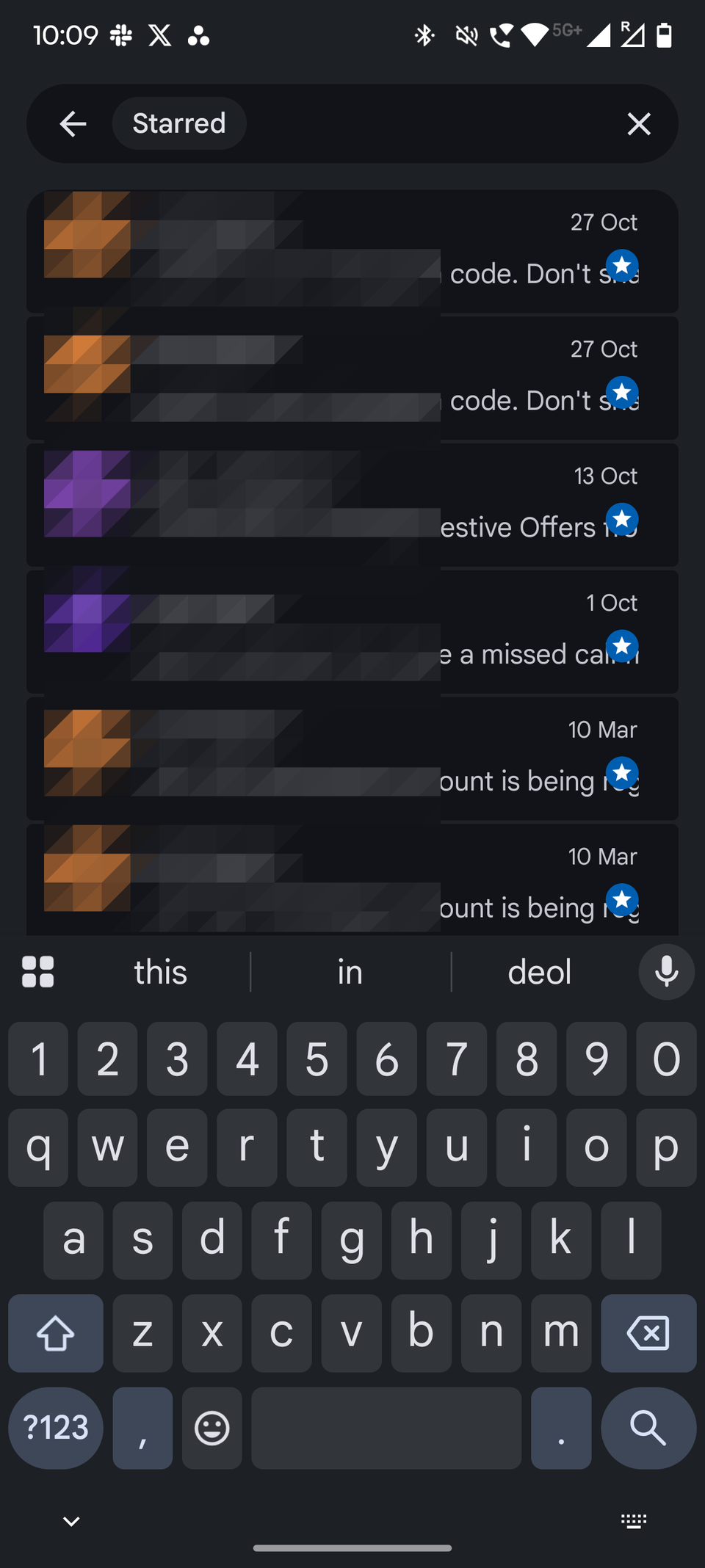 Screenshot showing a list of Starred messages in Google Messages