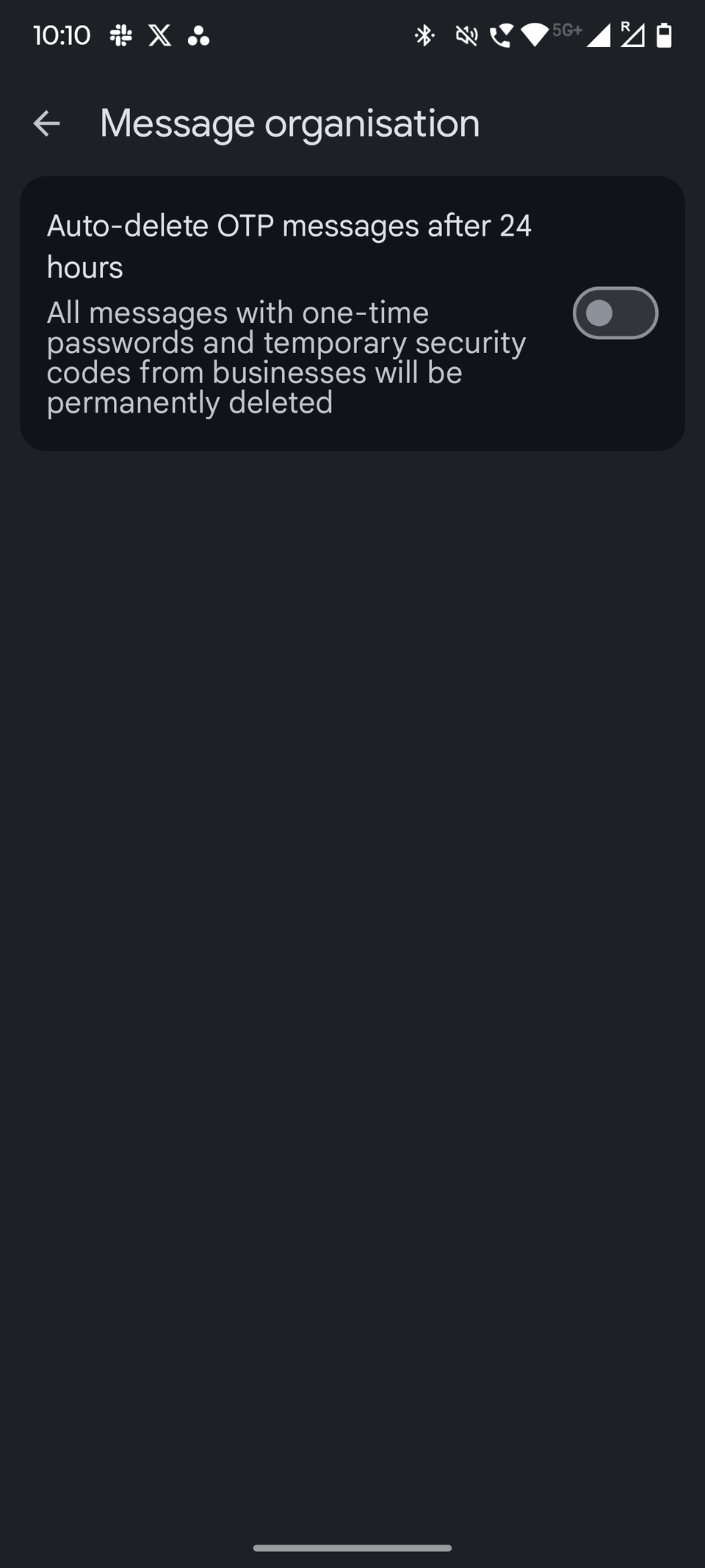 Screenshot showing the auto-delete OTP toggle in Google Messages