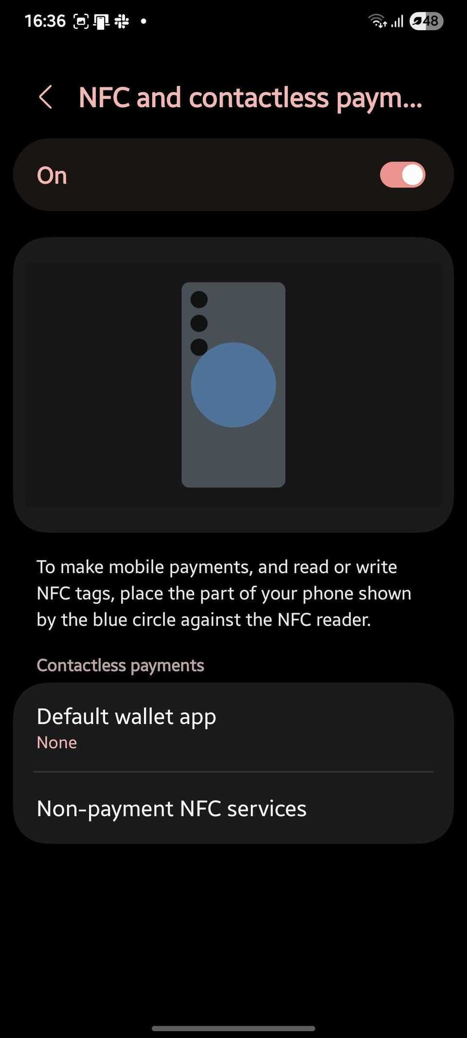 Screenshot showing NFC settings page on One UI