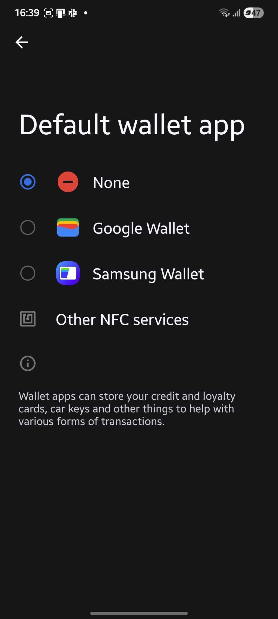 Screenshot showing how to set up Samsung wallet as your default wallet app
