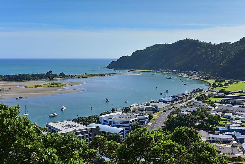 View of Whakatane town from Puketapu Lookout at Whakatane town in Bay of Plenty, New Zealand.