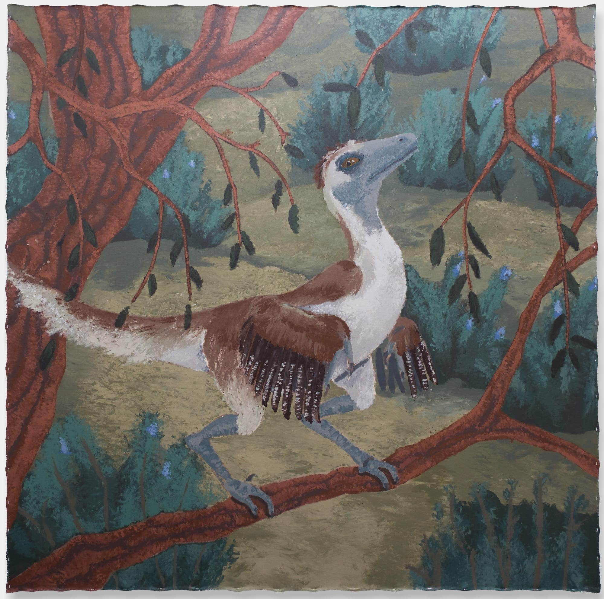 a painting by Manuela Solano of a pre-historic bird in a tree