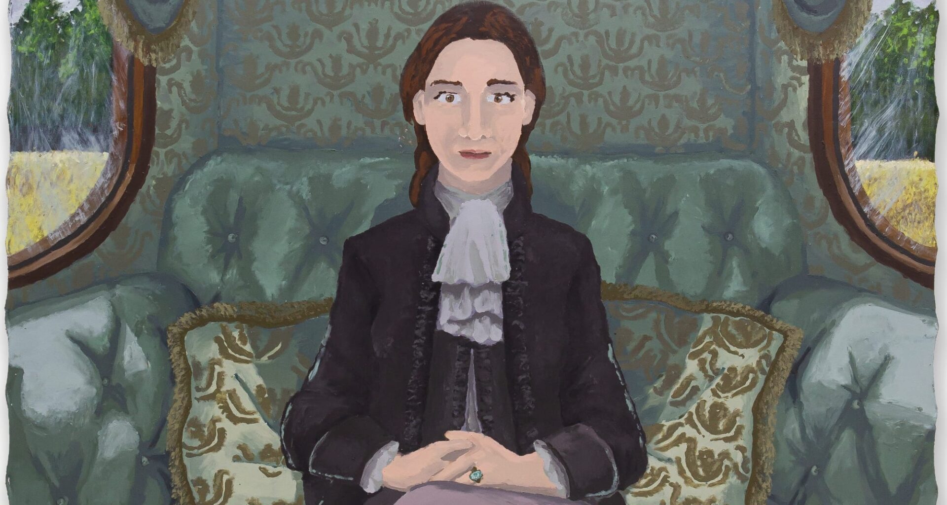 a painting by Manuela Solano of a woman seated in an ornate carriage