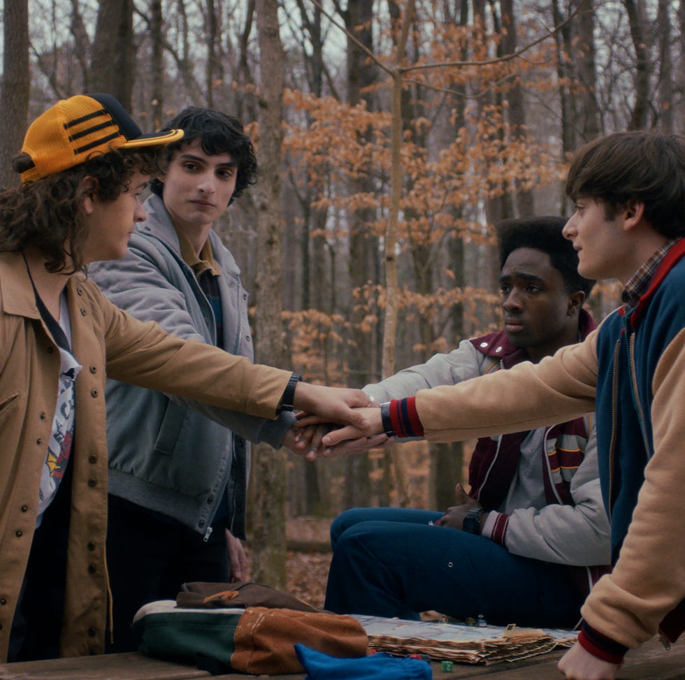 stranger things. (l to r) gaten matarazzo as dustin henderson, finn wolfhard as mike wheeler, caleb mclaughlin as lucas sinclair, and noah schnapp as will byers in stranger things. cr. courtesy of netflix © 2025