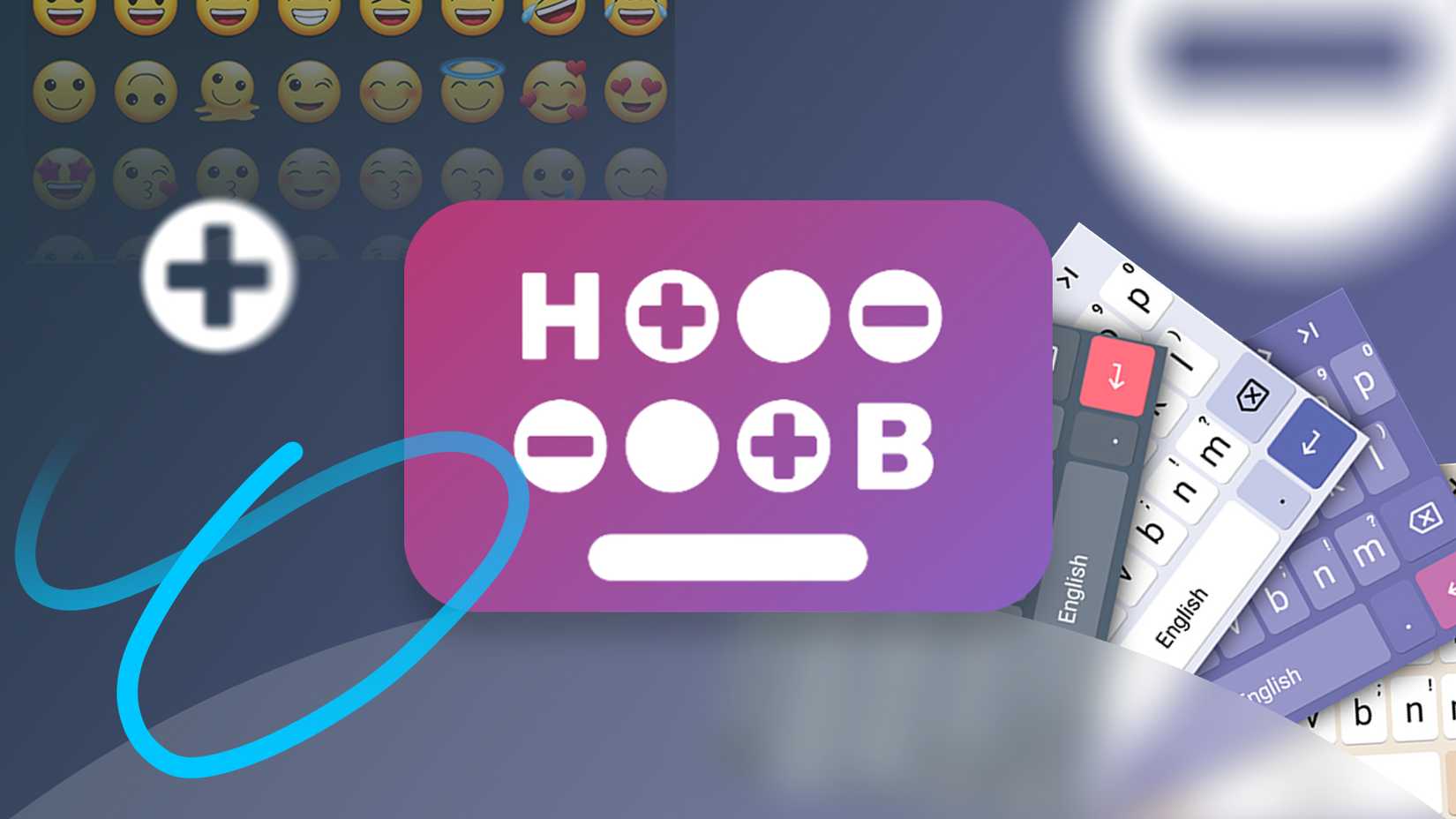 Stylized illustration of Heliboard with multiple smartphone keyboards and emoji icons in the background.