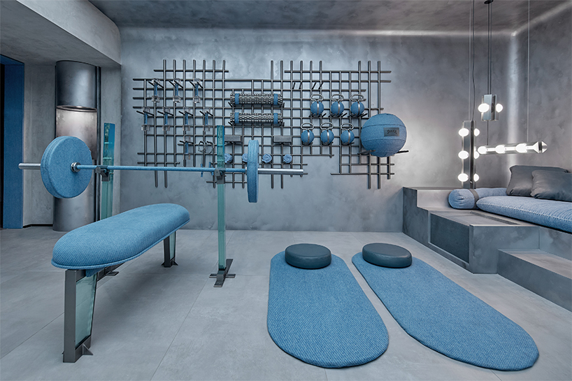 denim wraps workout equipment within sutura sculptural gym in mexico