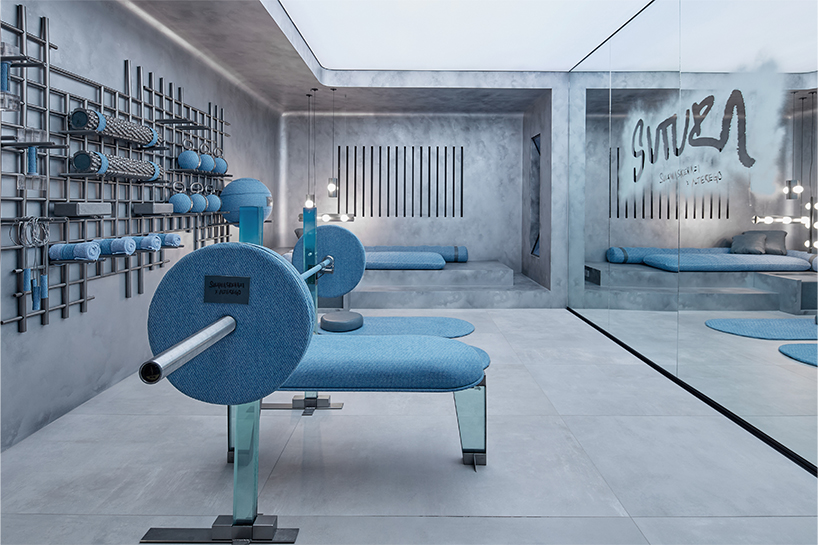 denim wraps workout equipment within sutura sculptural gym in mexico