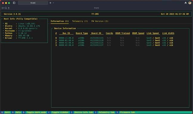 Tesntorrent's system management interface tt-smi was quite sure what to make of our single chip Blackhole accelerators