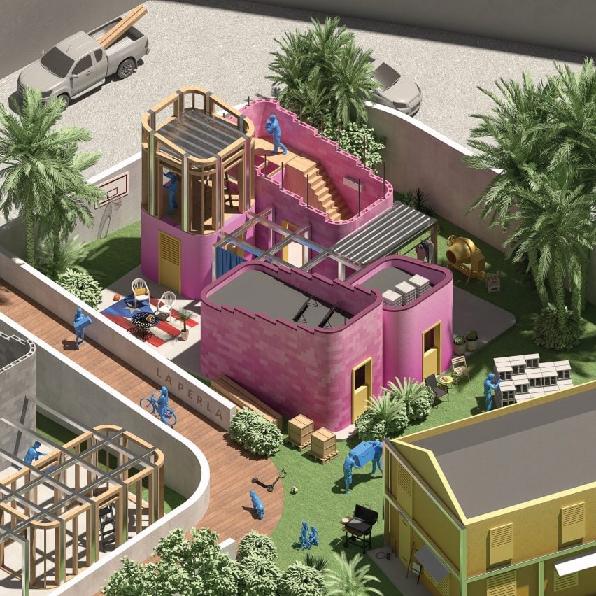 a visualisation of a building in tones of pink, surrounded by greenery
