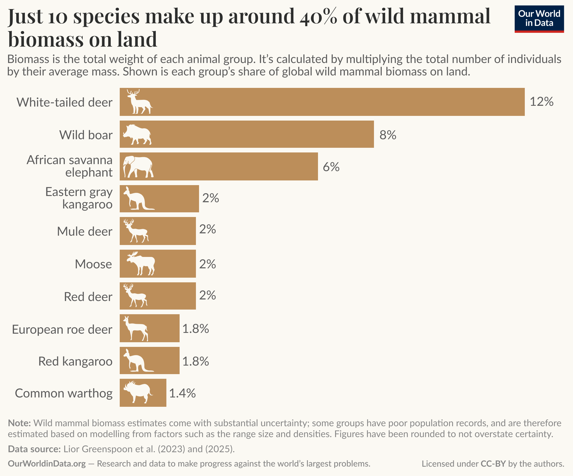 The image displays a bar chart titled "Just 10 species make up around 40% of wild mammal biomass on land." It shows the percentage share of global wild mammal biomass on land attributed to various species. The top-listed species is the white-tailed deer, accounting for 12.3%, followed by the wild boar at 8%, and the African savanna elephant at 6%. The eastern gray kangaroo represents 2%, while the mule deer, moose, and red deer each account for 2%. The European roe deer and red kangaroo tie at 1.8%, and the common warthog makes up 1.4%.
A note emphasizes that estimates of wild mammal biomass come with substantial uncertainty due to varying population records and estimation methods. The data source is attributed to Lior Greenspoon and others in 2023, along with the Our World in Data website, which aims to address significant global issues. The chart is licensed under Creative Commons BY.