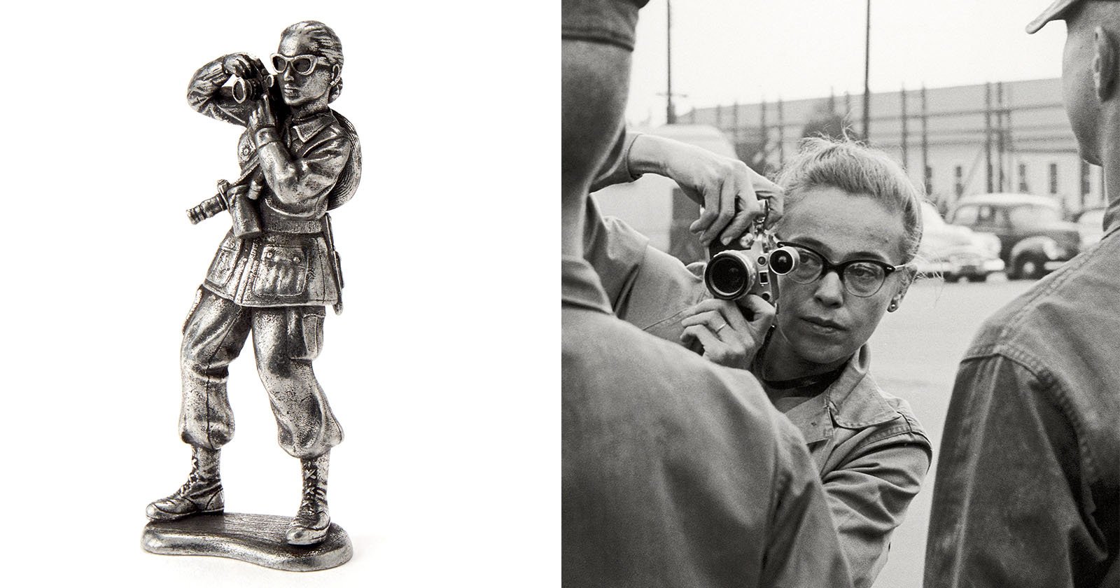 A metallic figurine of a woman photographer with a camera is shown on the left; on the right, a black-and-white photo shows a woman wearing glasses taking a photo of people outdoors with a camera.