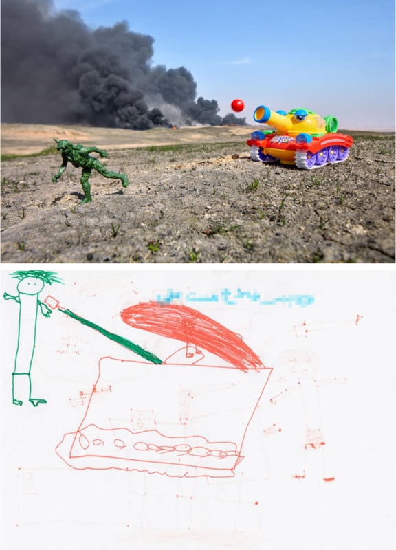 A toy soldier and a colorful toy tank on dirt with smoke rising in the background; below is a child’s drawing of a tank, a figure, and smoke, using red, green, and blue markers.