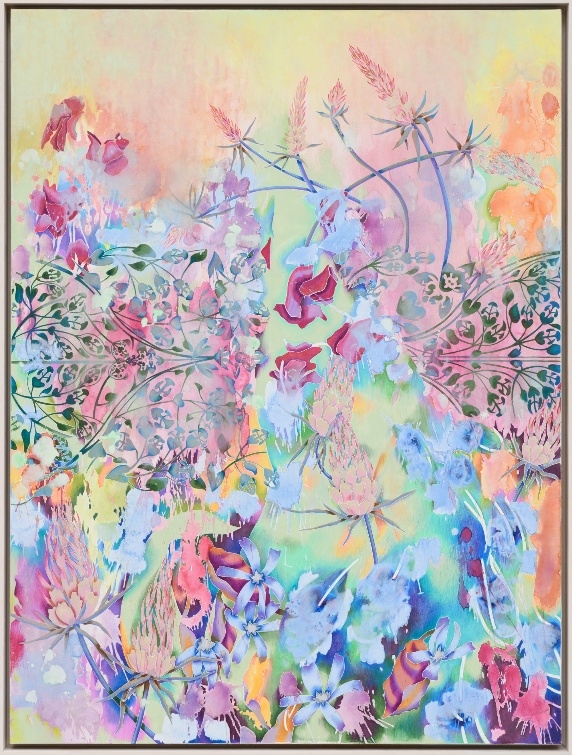 a colorful floral painting by Sarah Ann Weber with faint figurative details