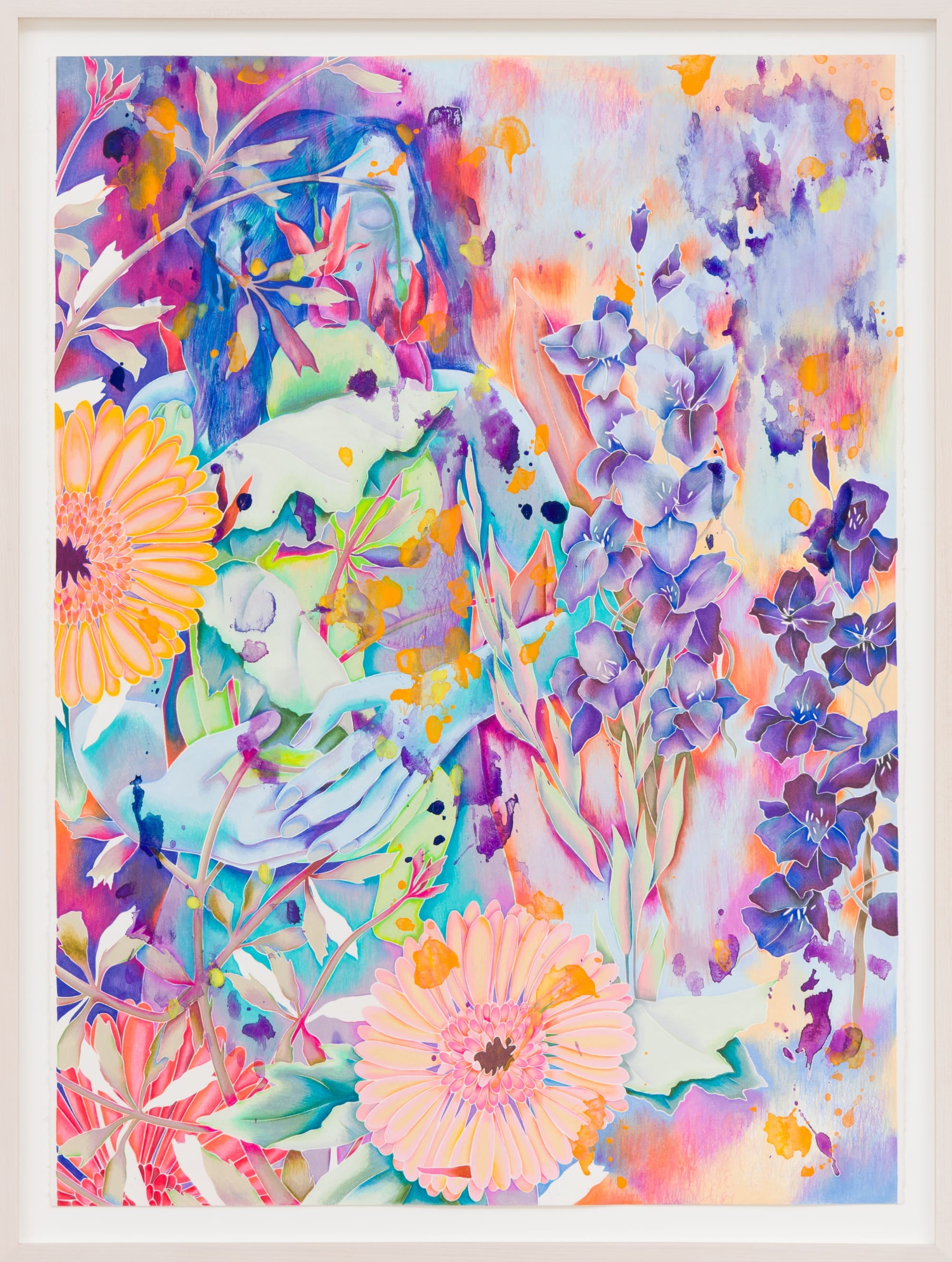 a colorful floral painting by Sarah Ann Weber with faint figurative details
