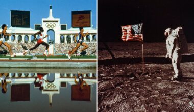 On the left, Olympic athletes race on a track with a stadium and crowd in the background. On the right, an astronaut stands on the moon next to an American flag, with footprints visible on the lunar surface.