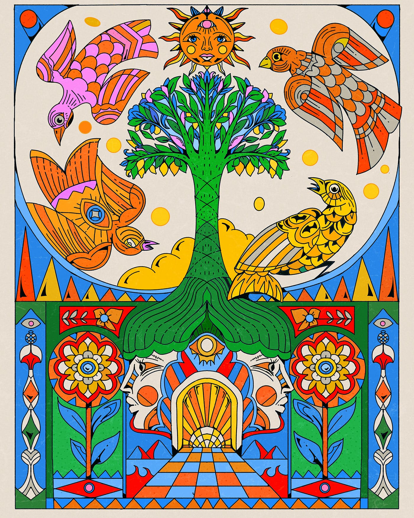 a colorful digital illustration by YoAz featuring a birds and a tree