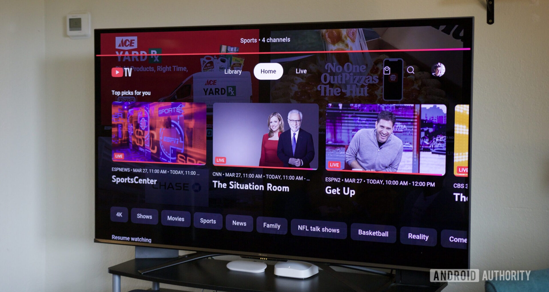 YouTube TV smart TV app home page.
