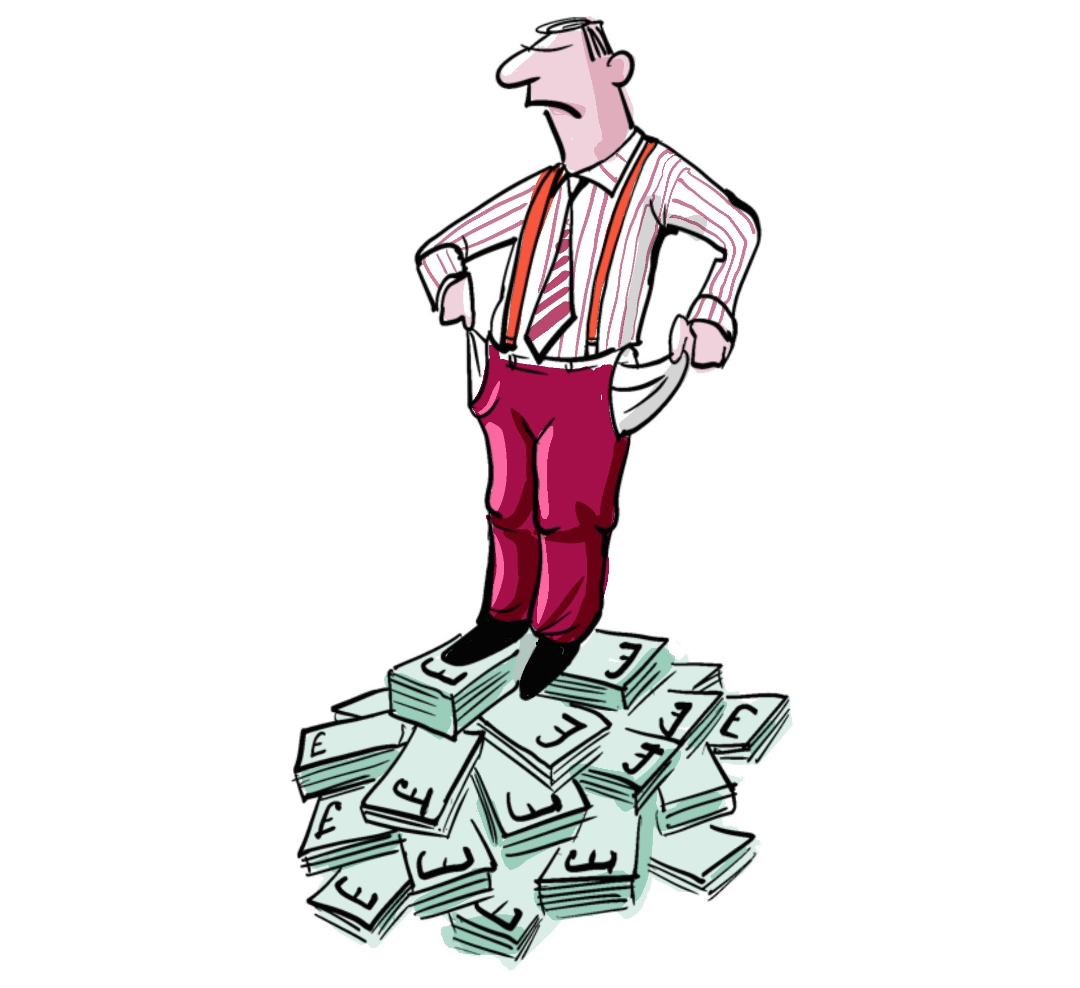 Illustration of a man with empty pockets standing on a pile of money.
