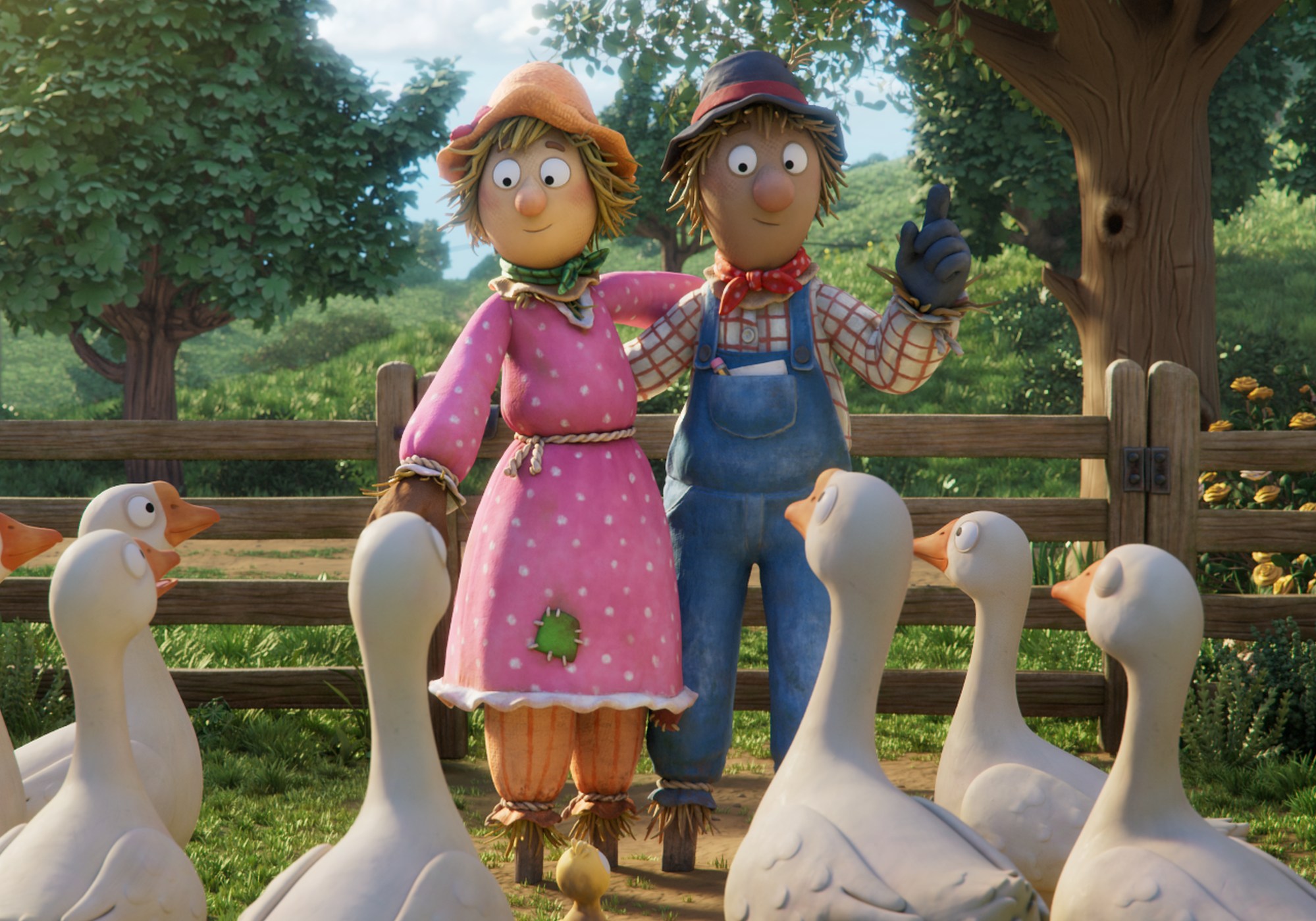 Illustration of Harry O'Hay and Betty O'Barley, scarecrows from "The Scarecrow's Wedding", standing in a field surrounded by geese.