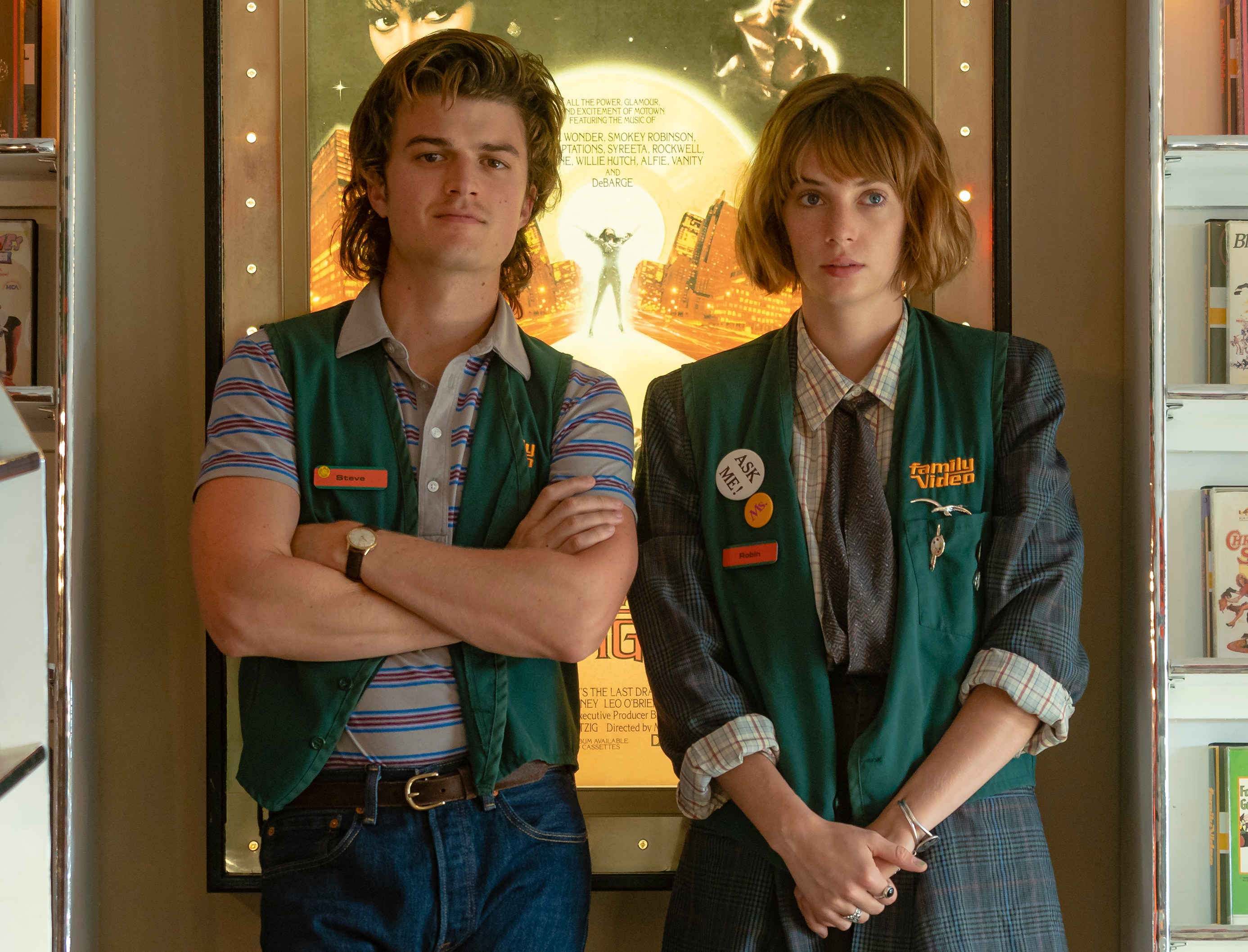 Joe Keery as Steve Harrington and Maya Hawke as Robin Buckley in Stranger Things.