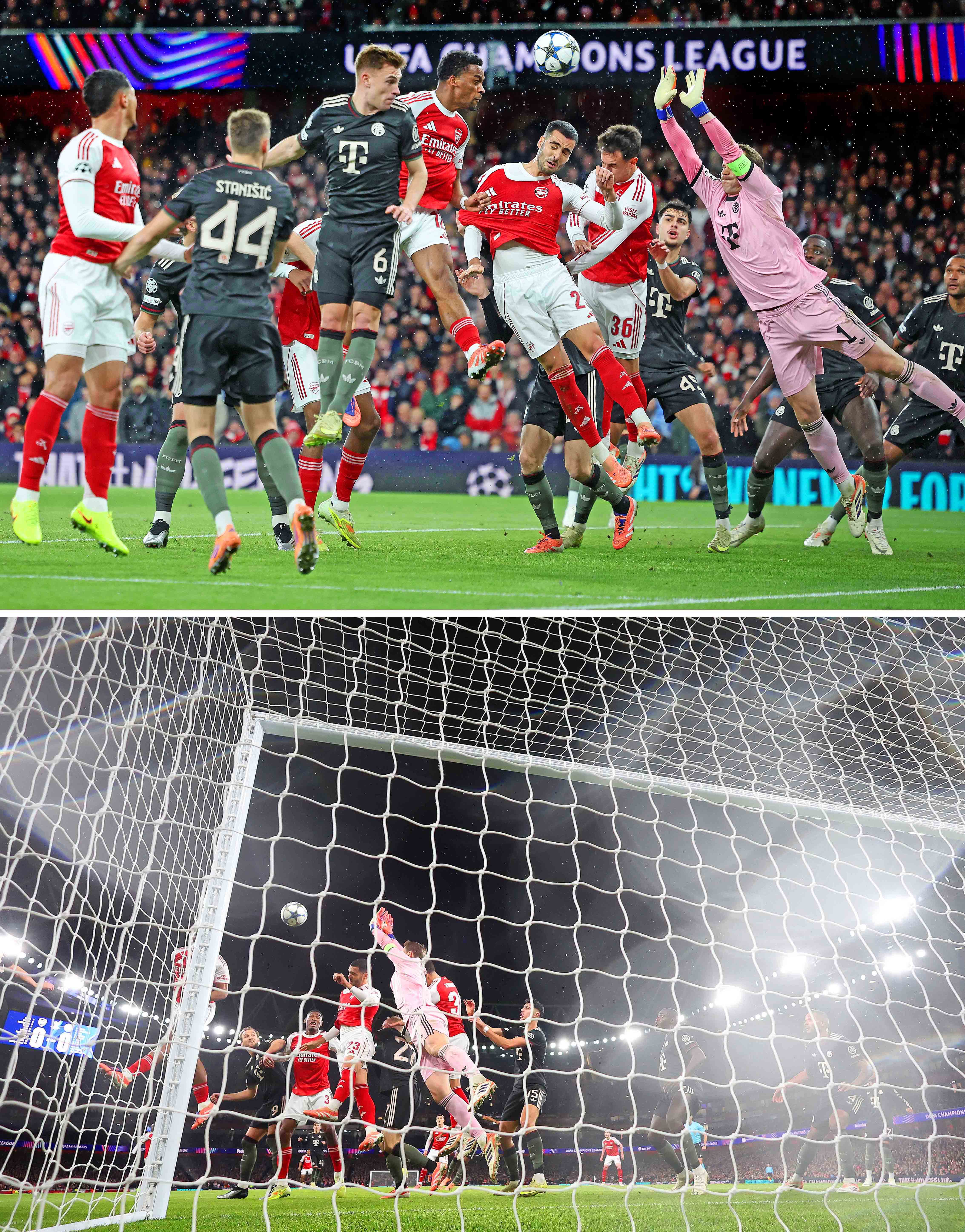 Collage of two football match photos: a group of players jumping for a header in the first frame, and a wide shot of a goal net and the players on the field in the second.