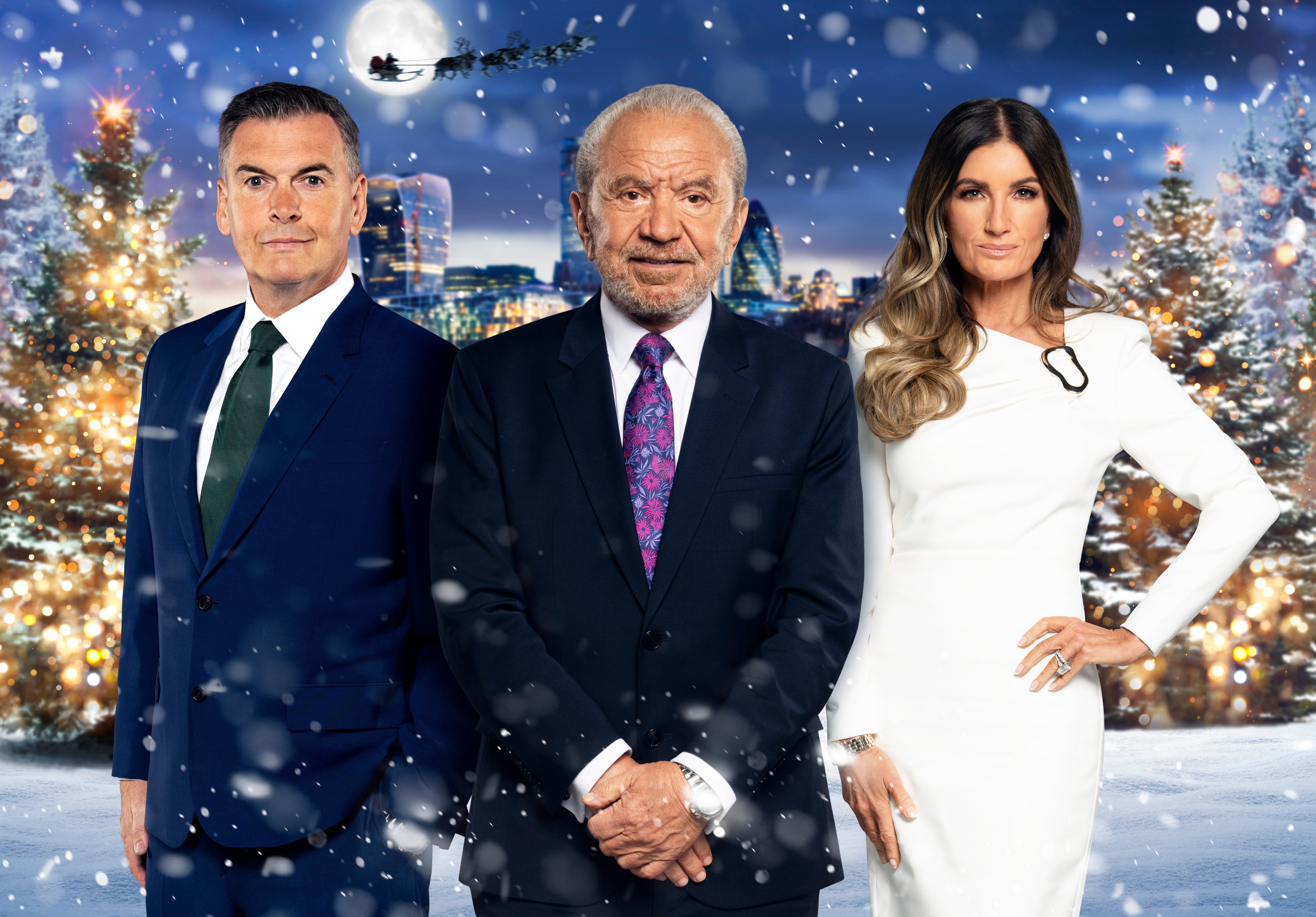 Three people, two men and one woman, in business attire standing in a snowy landscape with Christmas trees and a city skyline in the background.