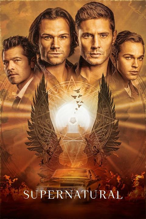 Images of Castiel (Misha Collins), Sam Winchester (Jared Padalecki), Dean Winchester (Jensen Ackles), and another Supernatural character are depicted above angelic imagery on the poster for the show.
