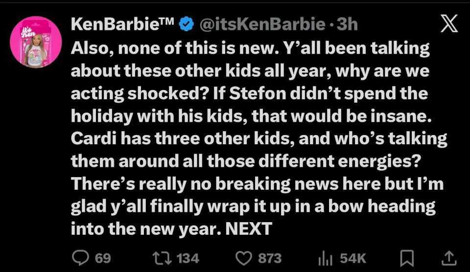 In another tweet, Ken addressed news that the New England Patriots star fathered multiple newborns within months of each other, saying it was nothing new. Ken Barbie/X