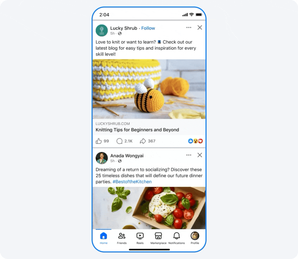 A GIF showing the updated feedback menu for posts in Facebook Feed