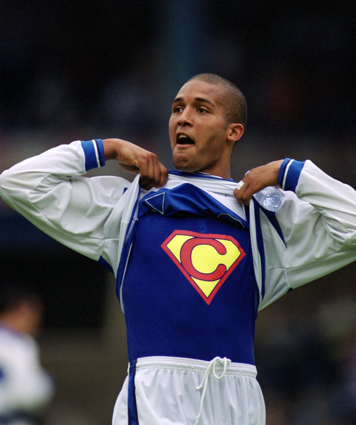 Carlisle showing off a Superman t-shirt during a game between Queens Park Rangers and Colchester United held on September 28, 2002 at Loftus Road