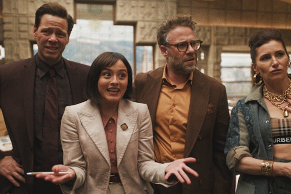 From left: Ike Barinholtz, Chase Sui Wonders, Seth Rogen and Kathryn Hahn in The Studio.