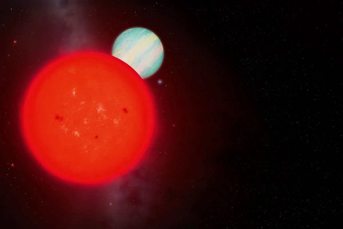 Illustration of exoplanet TOI-6894 b orbiting a red dwarf star