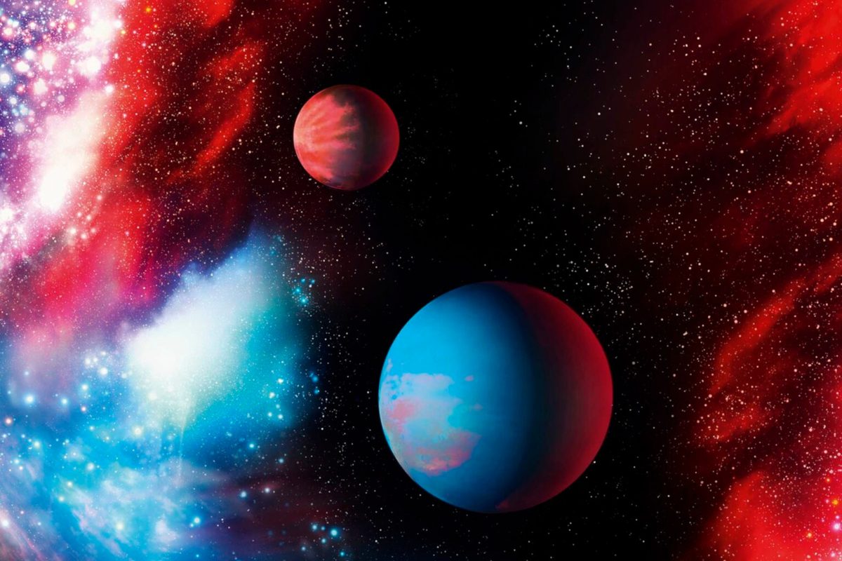 Illustration of a blue planet and a smaller red planet in space