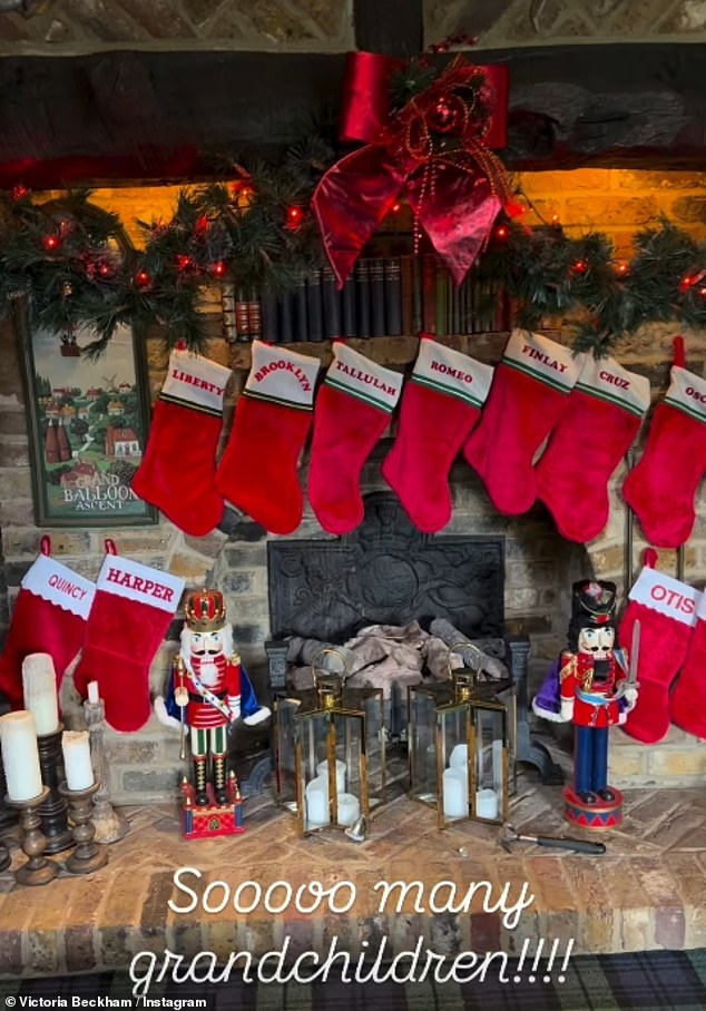 Victoria had posted a picture of the fireplace filled with stockings at the Hertfordshire home of her parents, Jackie and Tony Adams - including one reserved for Brooklyn
