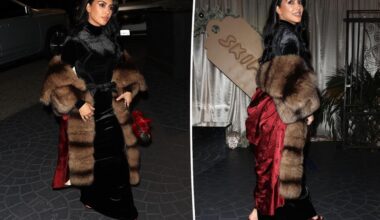 Kim Kardashian wears a black velvet dress with bow for Skims holiday party
