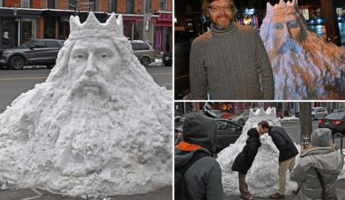 NYC snow pile carved into ‘crazy’ Snow King sculpture –now it’s a tourist attraction
