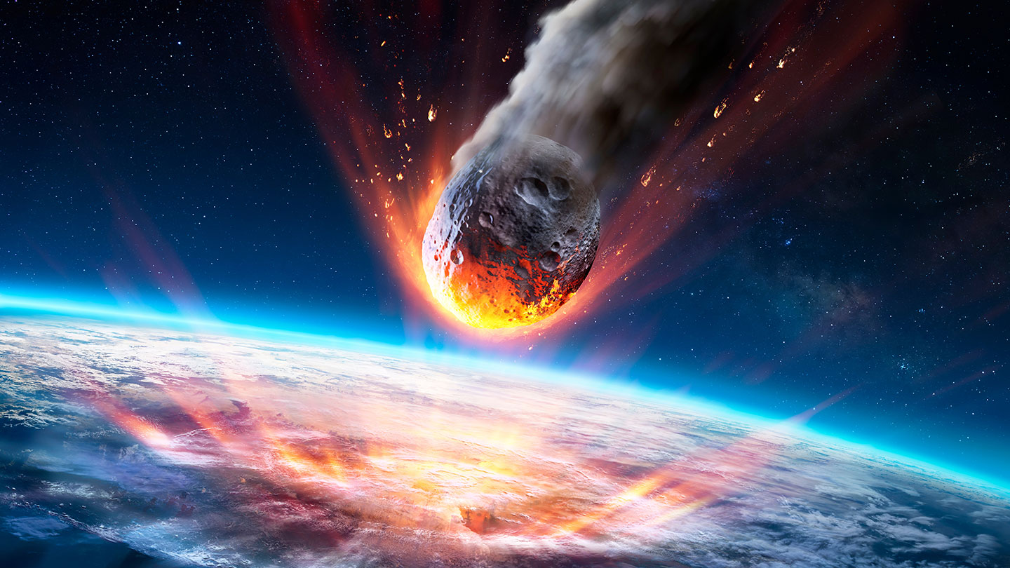 an illustration shows a glowing asteroid hurtling toward the surface of a planet