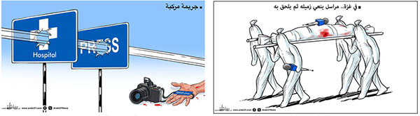 Cartoons by Alaa al-Laqta, Hamas' house cartoonist. Right: The Arabic reads, "In Gaza, a reporter mourns the death of his colleague and then joins him" (Alaa al-Laqta's X account, March 25, 2025). Left: The Arabic reads, "A complex crime." The Arabic on the hand holding the camera reads 'Hassan Aslih' (Alaa al-Laqta's X account, May 14, 2025)