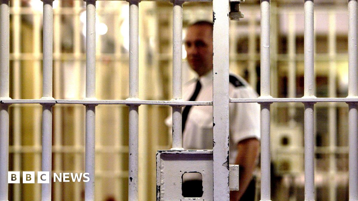 A prison guard stands behind a locked white metal gate inside HMP Pentonville. The gate is in focus with the guard and background blurred. The guard is dark trousers, a white short-sleeved shift and a black tie.