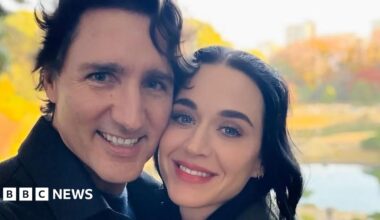 A composite image showing Katy Perry smiling with her hair down, and Justin Trudeau smiling while wearing a blue suit