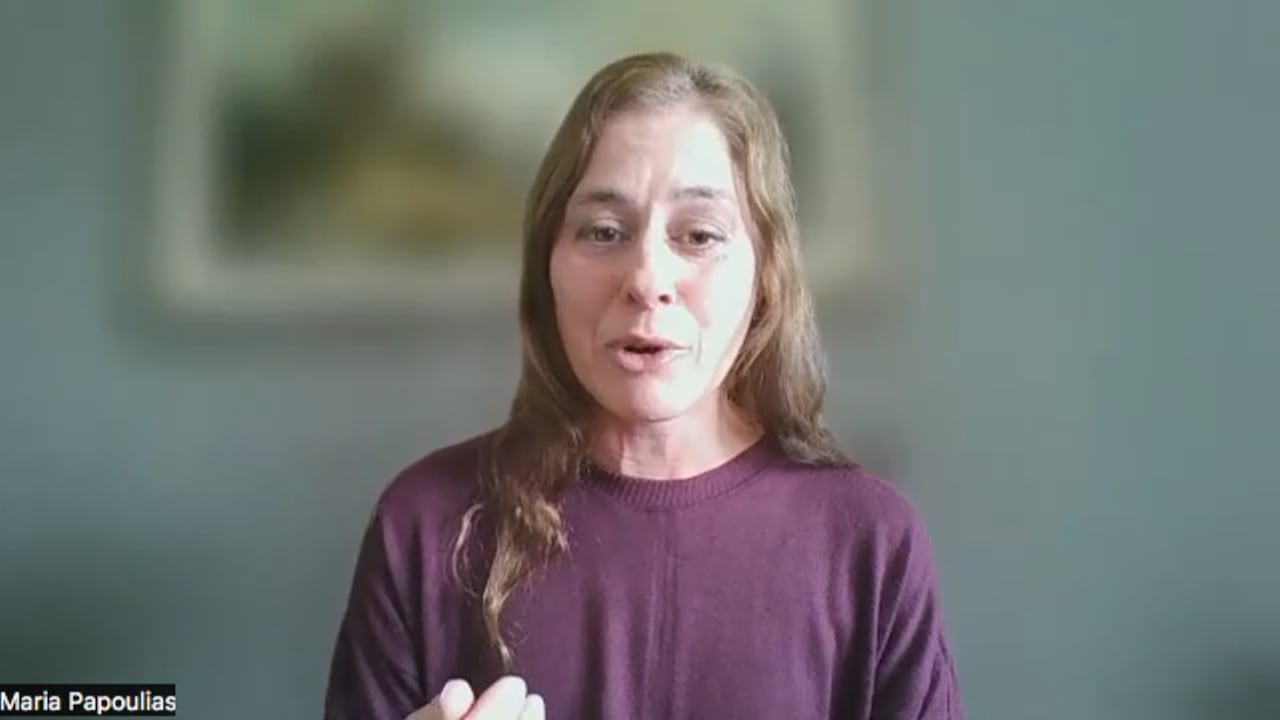 A woman being interviewed via Zoom.