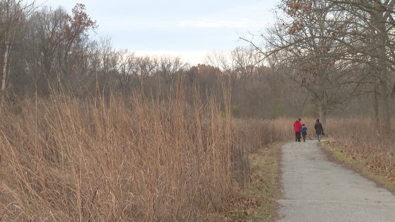 A family walking on a trail in a natural area.