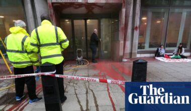 Pro-Palestine activists daub MoJ building with red paint in protest over hunger strikers | UK news