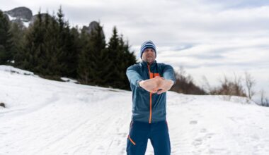 Hiker stretching arms