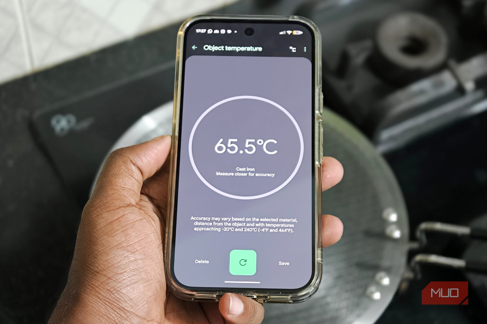 Checking the temperature of hot pan on Google Pixel 10 Pro