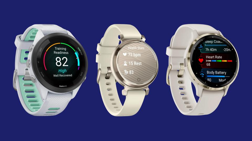 The Garmin Venu 3S, the Garmin Lily 2 and the Garmin Forerunner 265S against a blue background.
