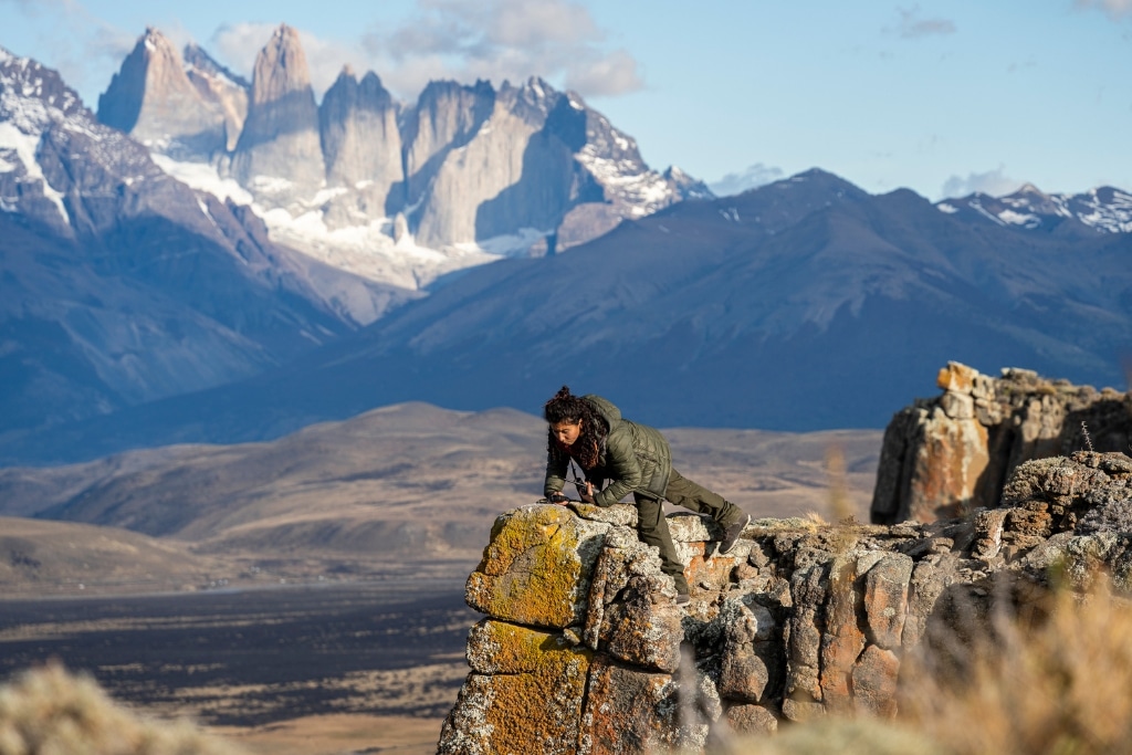 Solange at work, with a backdrop of Torres del Paine.
