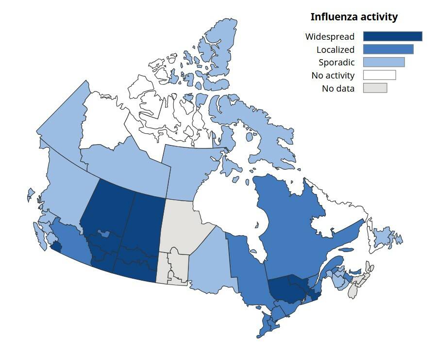 A screengrab of Health Canada&rsquo;s surveillance map for influenza activity, captured Dec. 23, 2025, shows no data reporting in Manitoba and Nova Scotia. (Health Canada)